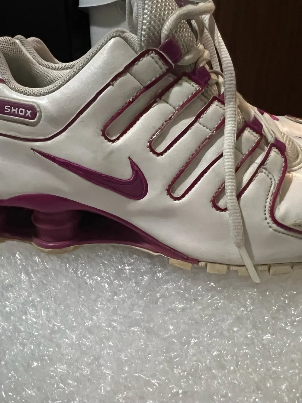 Nike Women’s White and Purple Shox Athletic Sneakers